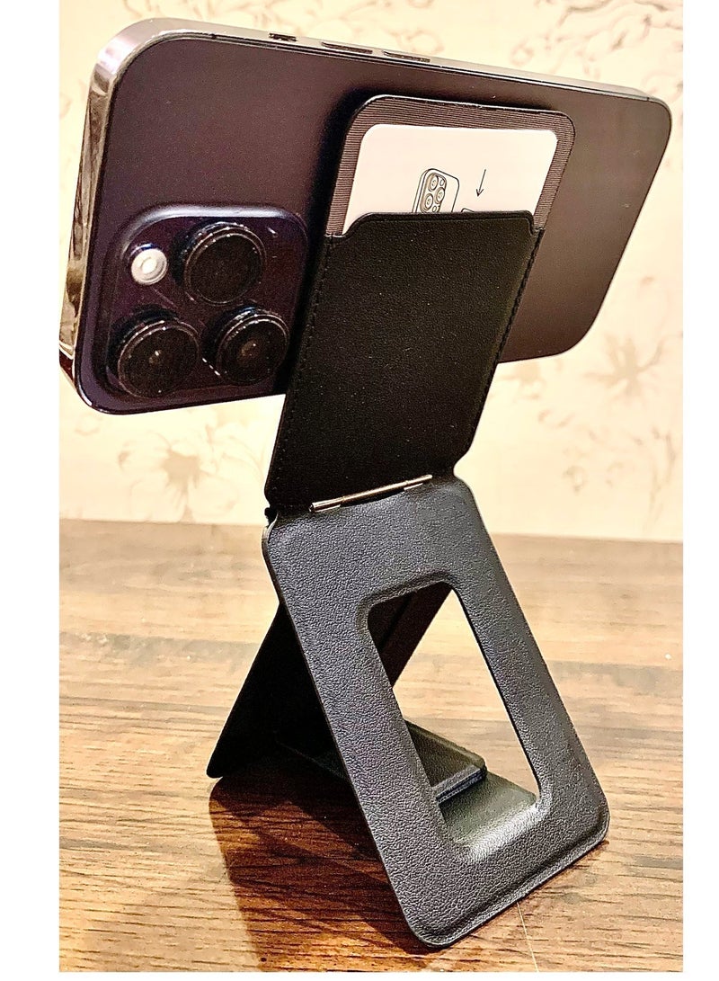 حامل هاتف محمول وآيفون، محفظة هاتف تدعم NFC، عصا سيلفي بحجم الجيب، حامل بطاقات من جلد نباتي بزوايا قابلة للتعديل، أساسي للسفر، باللون الأسود - Image 2